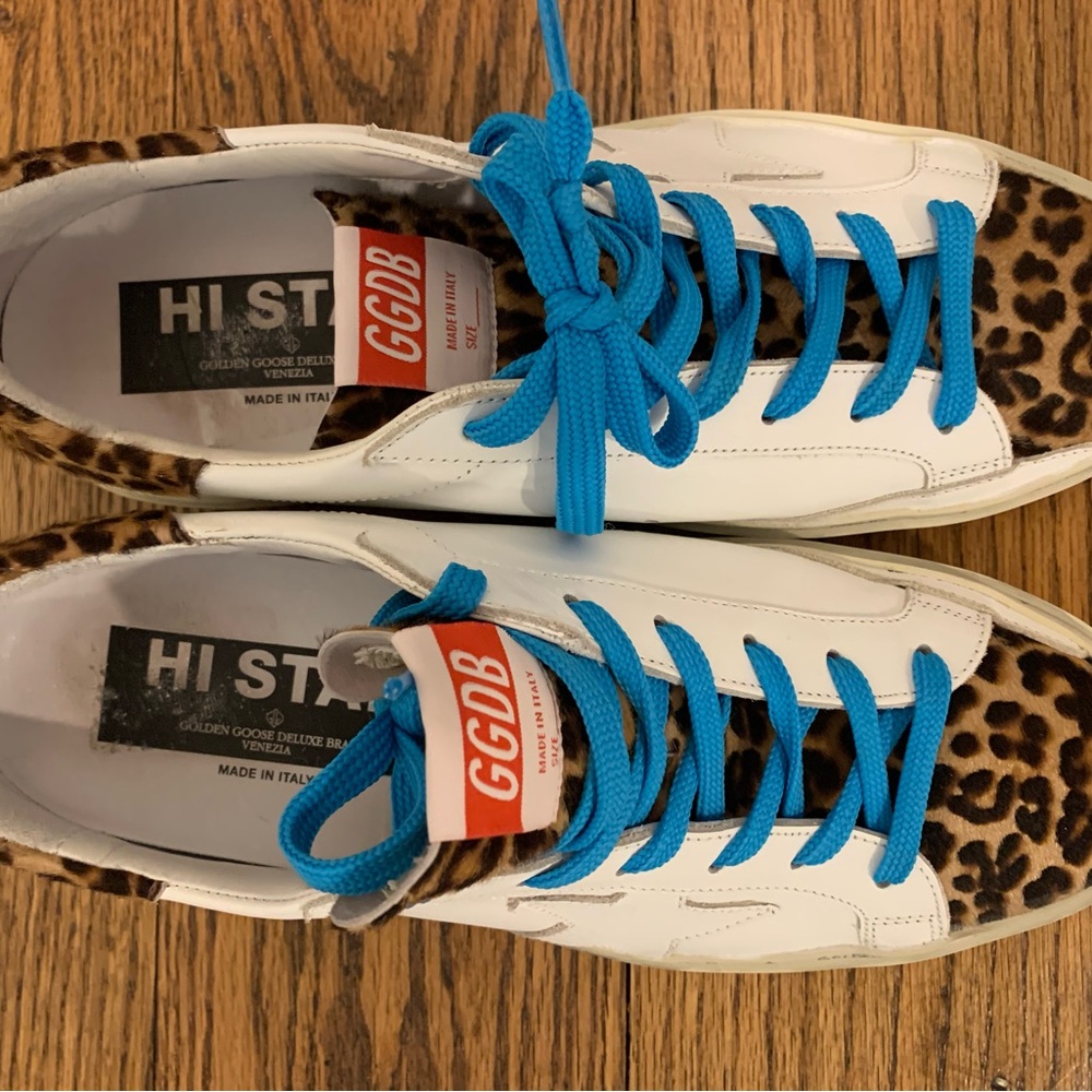 Golden Goose White Leopard Print Sneakers with Blue Laces